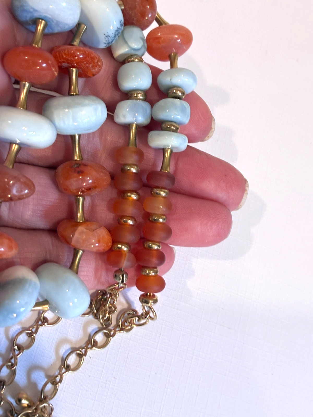 Boho Chunky Natural Gemstones -light blue, red/orange, brass, long 20″ – 24″