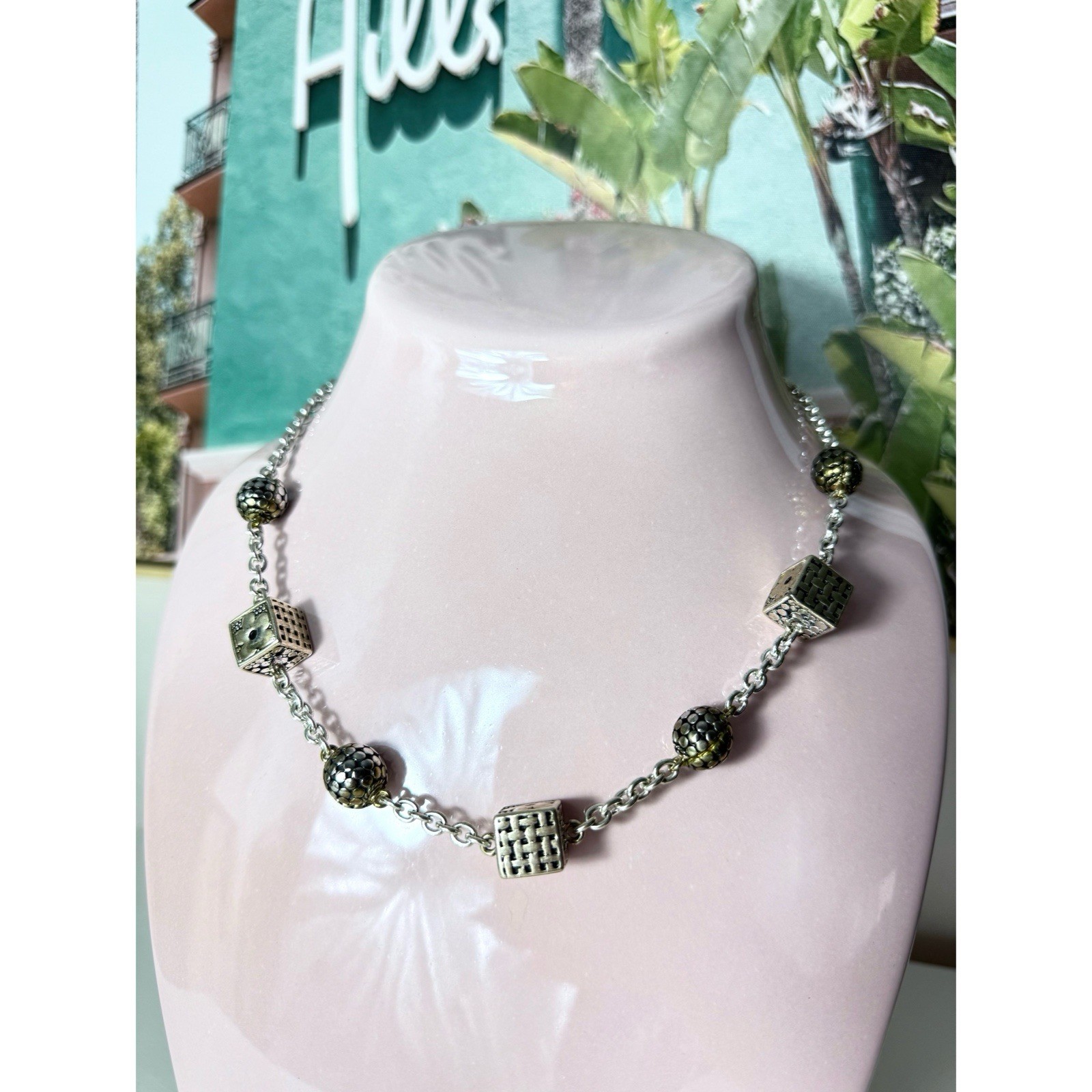 Vintage Silver Geometric Textured Cube & Sphere Bead Charm Necklace 10″ Long