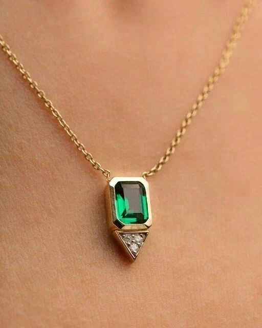 3.Ct Emerald Cut Simulated Green Emerald Bezel Pendant 14K Yellow Gold Plated