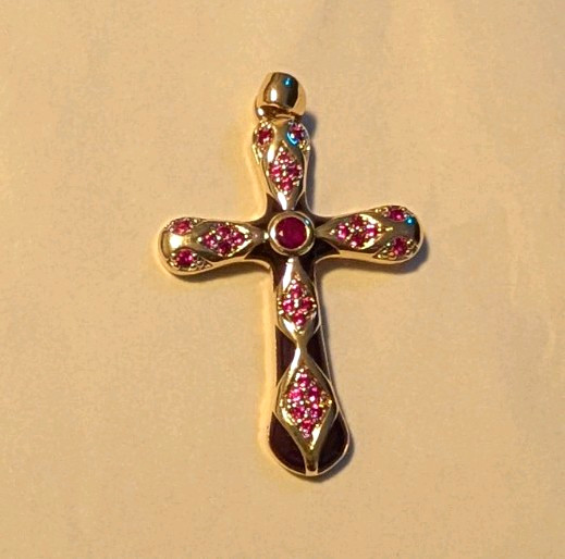 Gold Filled Cross Pendant Round Pink Simulated Rhinestone Religious Theme