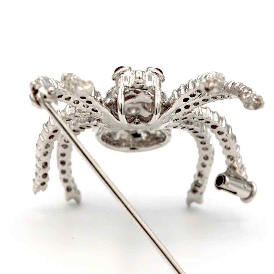 Sparkly Spider Brooch With White Round Brilliant White CZ & 2 Small Rubies Eyes
