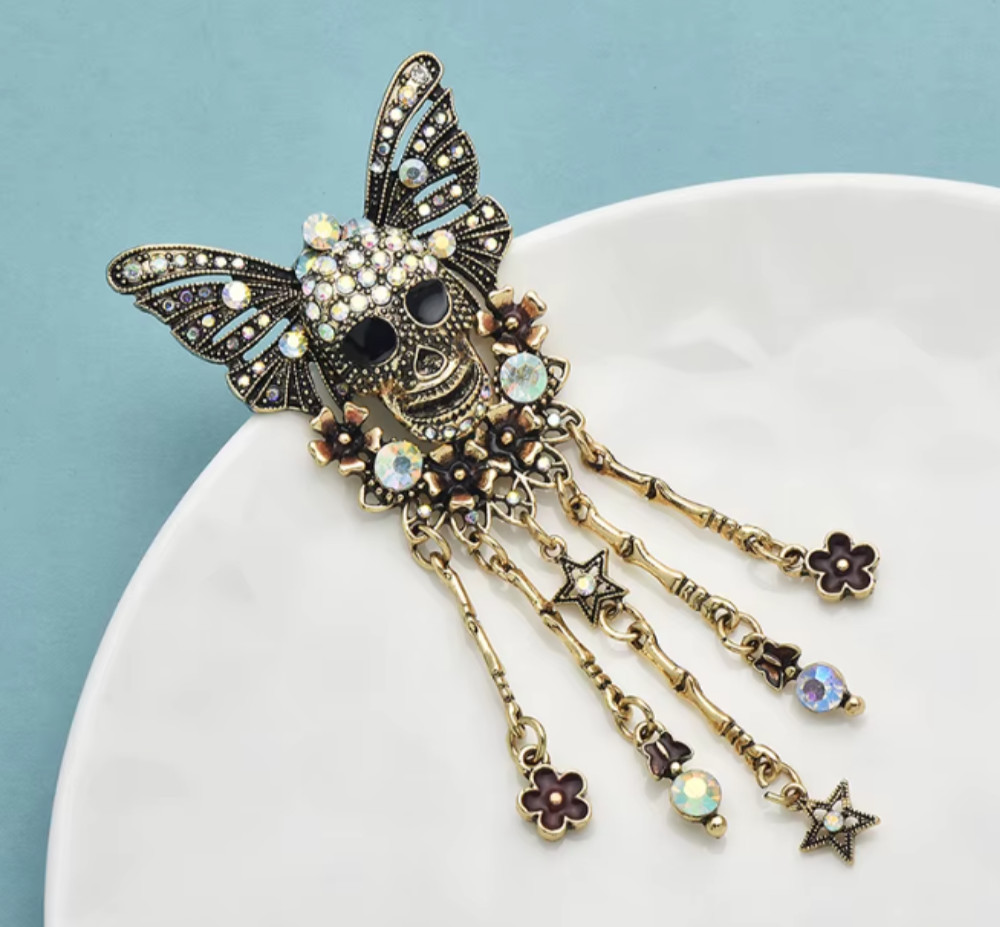 Vintage Halloween Skull Butterfly Brooch&Costume Crystal Gothic Pin Jewelry Gift