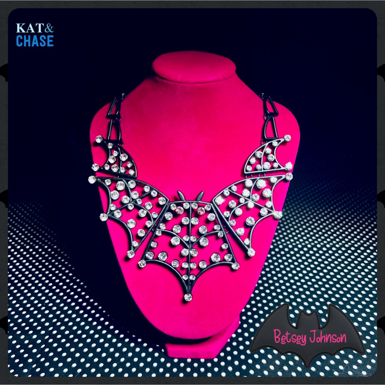NWT Betsey Johnson Bat Statement Necklace Rhinestone Black Bib Wings Halloween