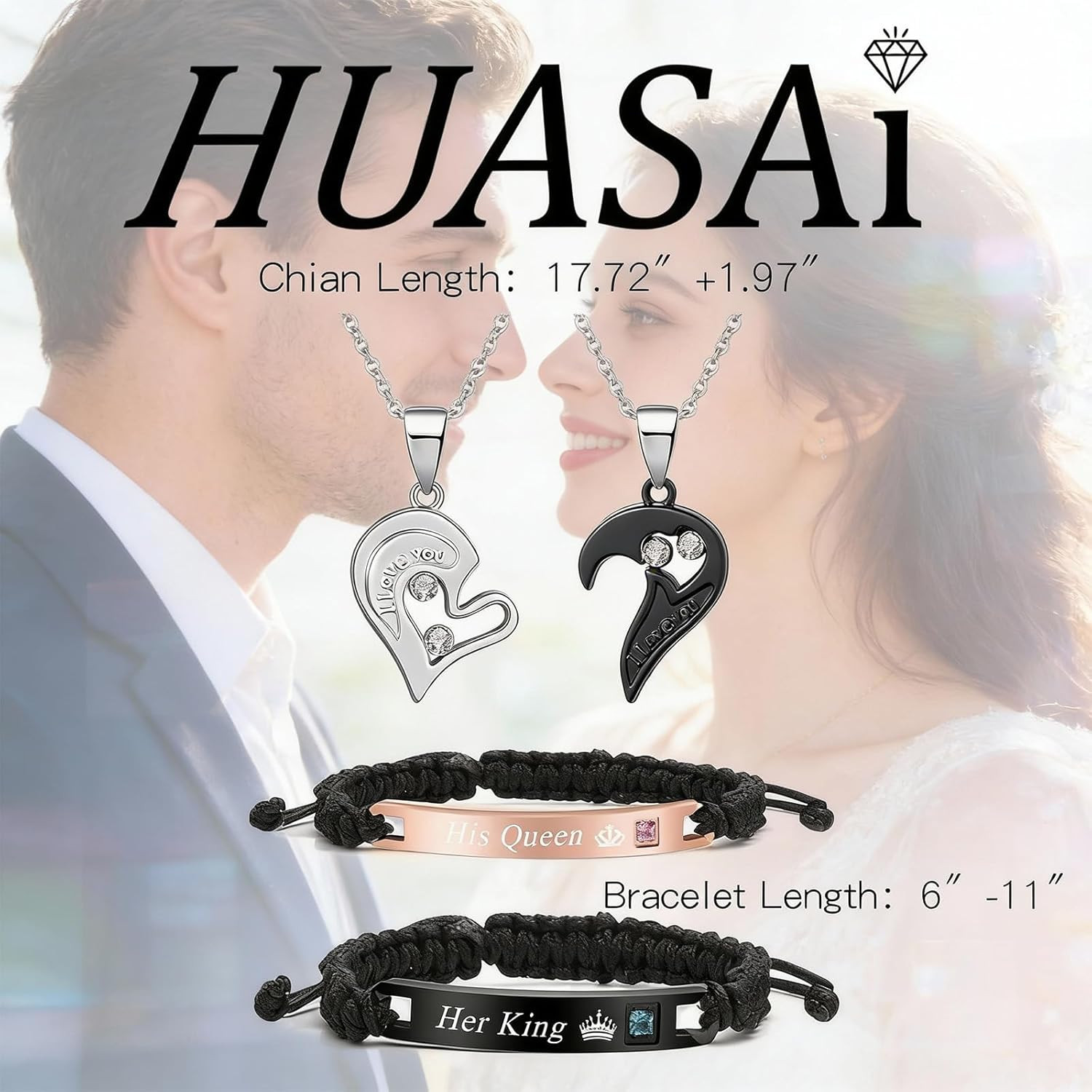 Couples Heart Necklace Bracelet Matching Set 4PCS Jewelry Gift for Her Him