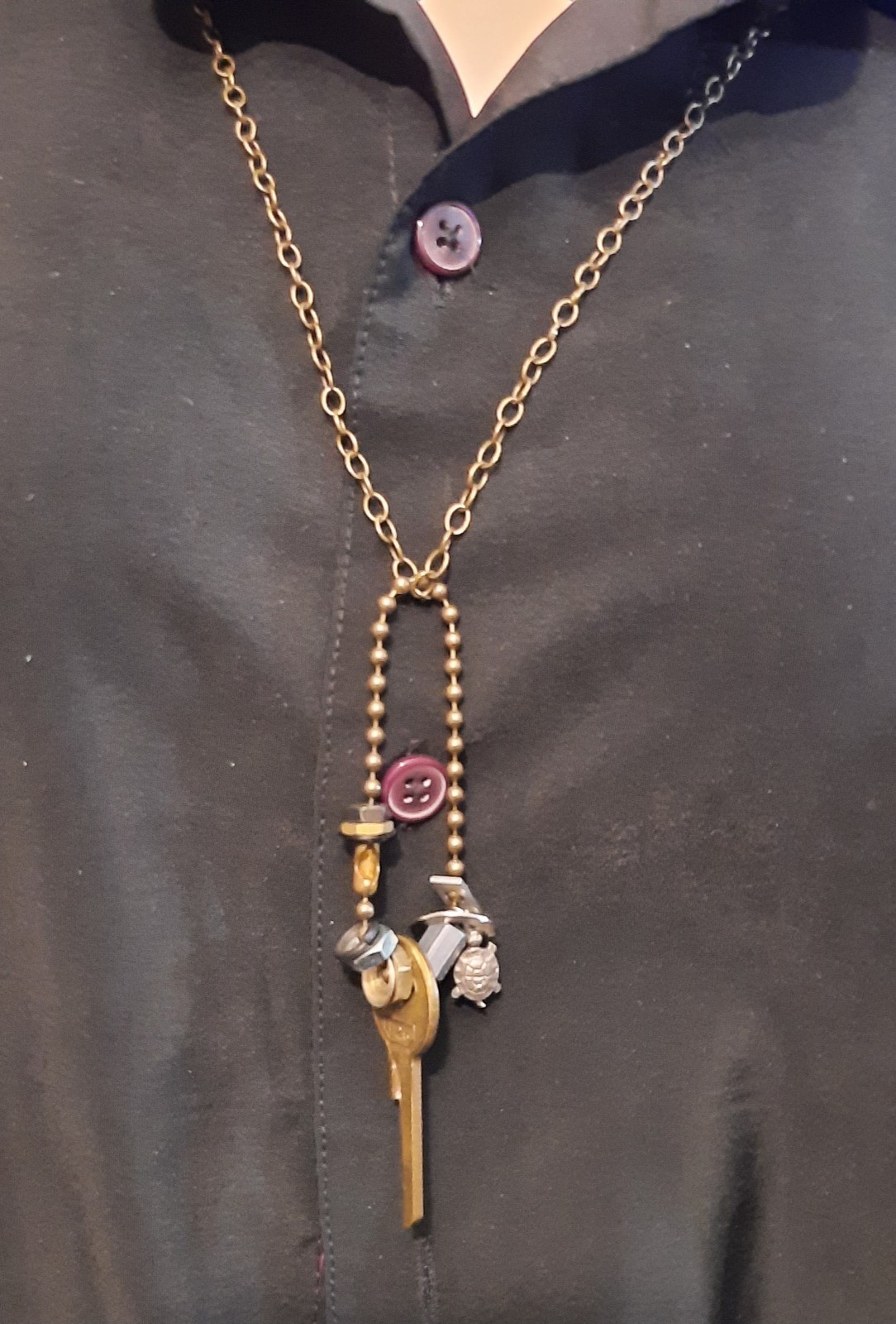 27 Inch Steampunk Necklace With Brass Key, Nuts, Washers, and Turtle Made In USA