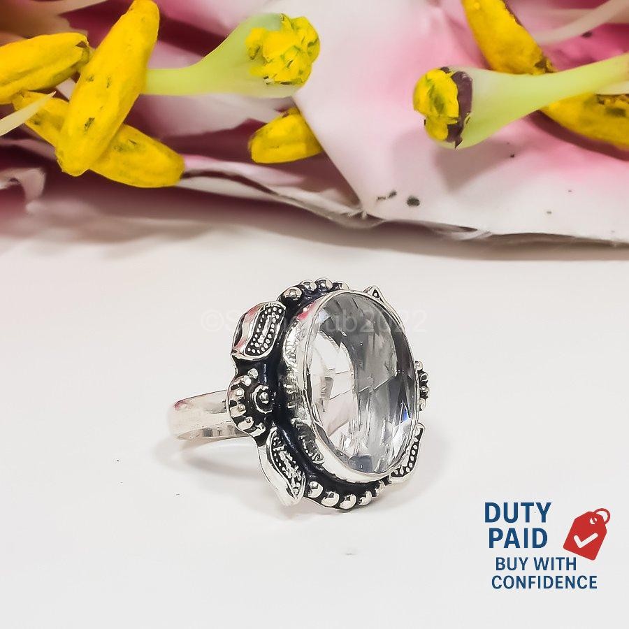 925 Silver White Topaz Unique Mother Statement Handmade Ring Jewelry Size 7.5