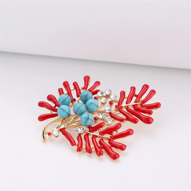 Vintage Coral Branch Brooch Turquoise Beads Rhinestones Summer Pin Ocean Jewelry