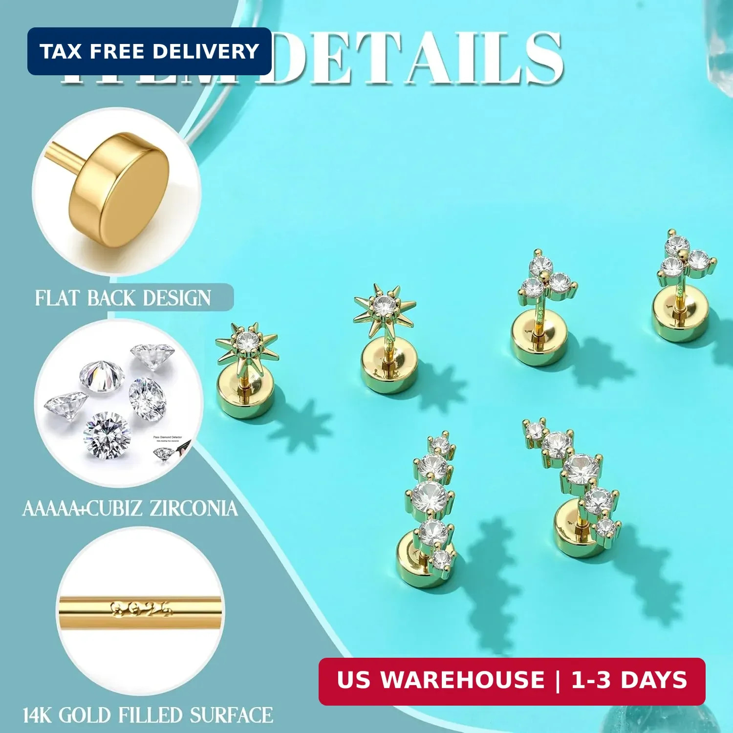 Dochais Flat Back Stud Earrings for Women and Men, Hypoallergenic 14k Gold Plate