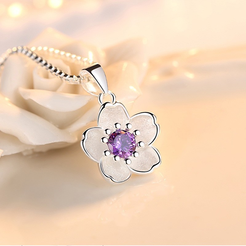 2 Pack Set Luxury Pink Purple Blossom Flower CZ Pendant Necklace for Women