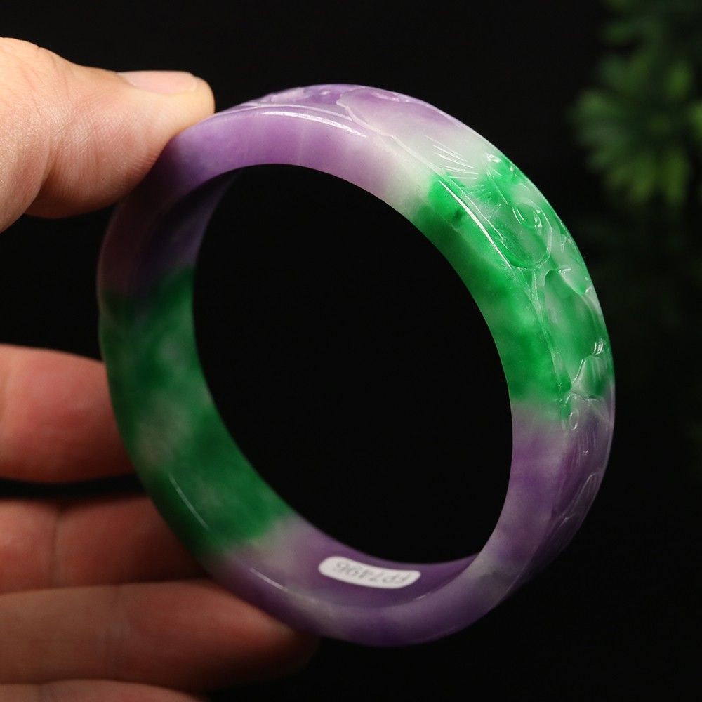 60mm Lavender Purple Green Jadeite Jade Bangle Bracelet Ruyi Flower Bat A-15045