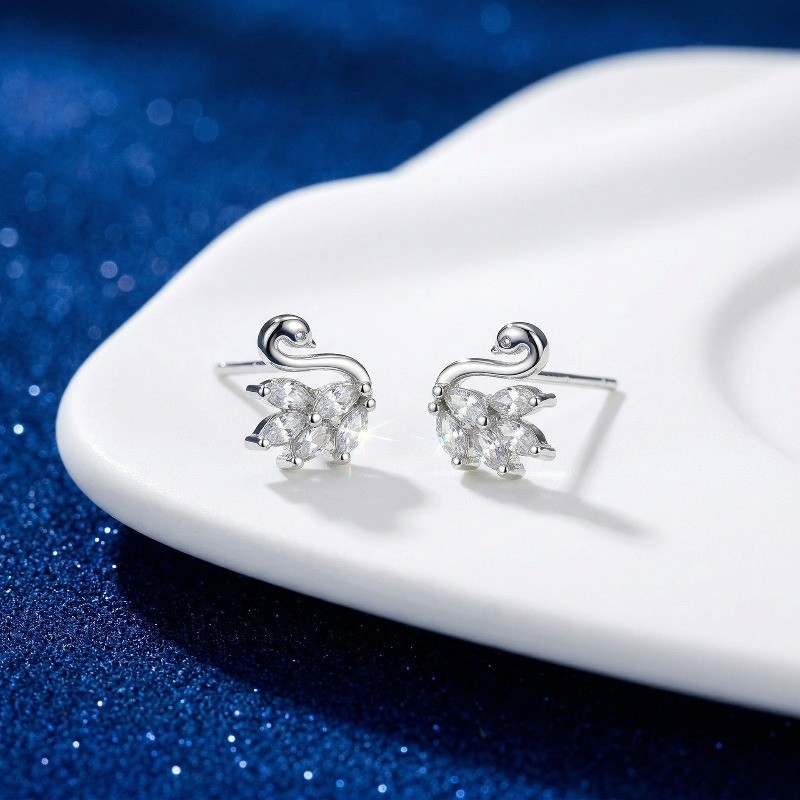 Shining Swan Studs Earrings Pave Colorless CZ Gift for Her Samll Ear Studs