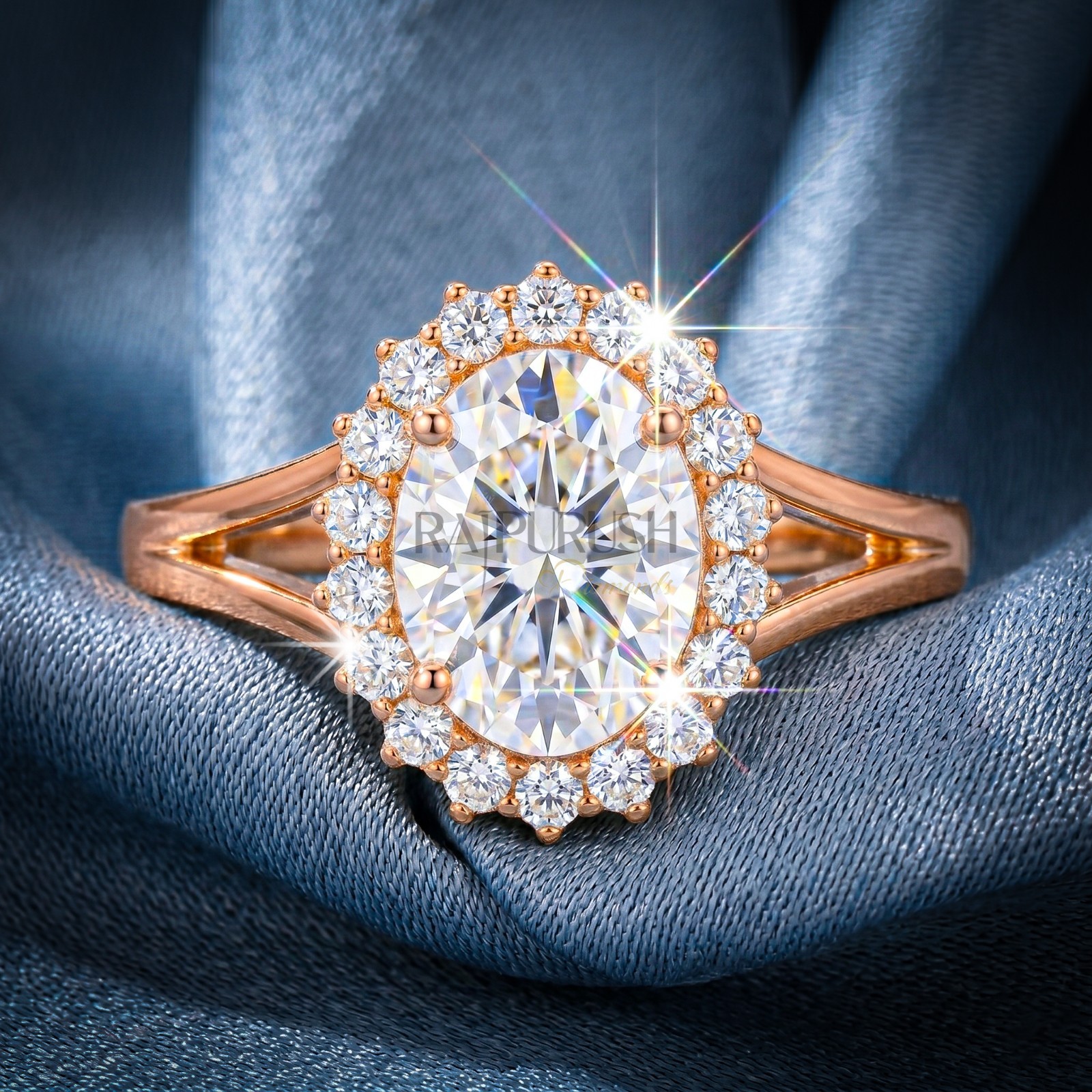2CT Oval Cut Moissanite Engagement Ring 14k Yellow Gold Plated 925 Silver Halo