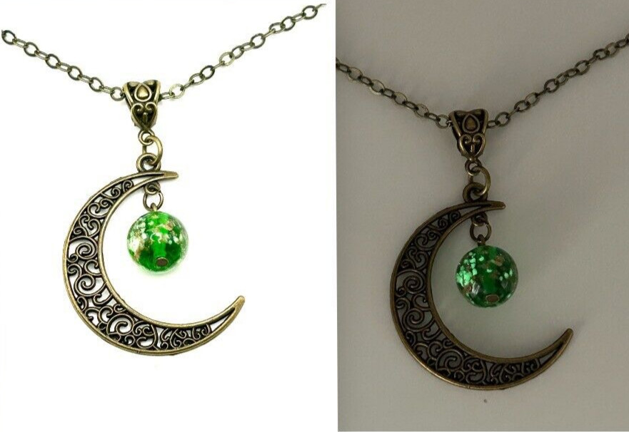 Green Glow-In-The-Dark Luminous Glass Filigree Crescent Moon 30″ Long Necklace