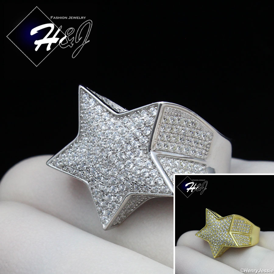 MEN 925 STERLING SILVER ICY BLING CZ GOLD PLATED/SILVER 3D STAR SHAPE RING*SR107