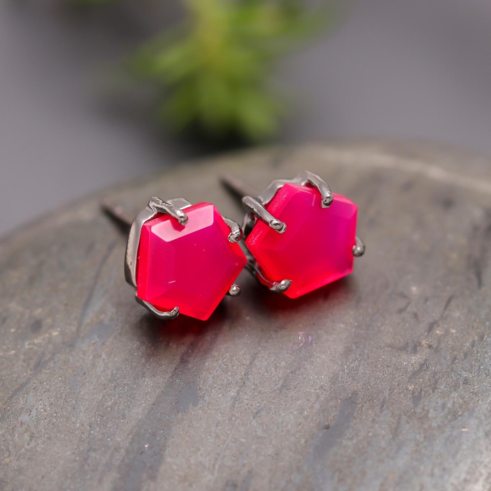 Pink Chalcedony Pentagon Solid Silver Black Oxidized Stud Earrings Birthday Gift