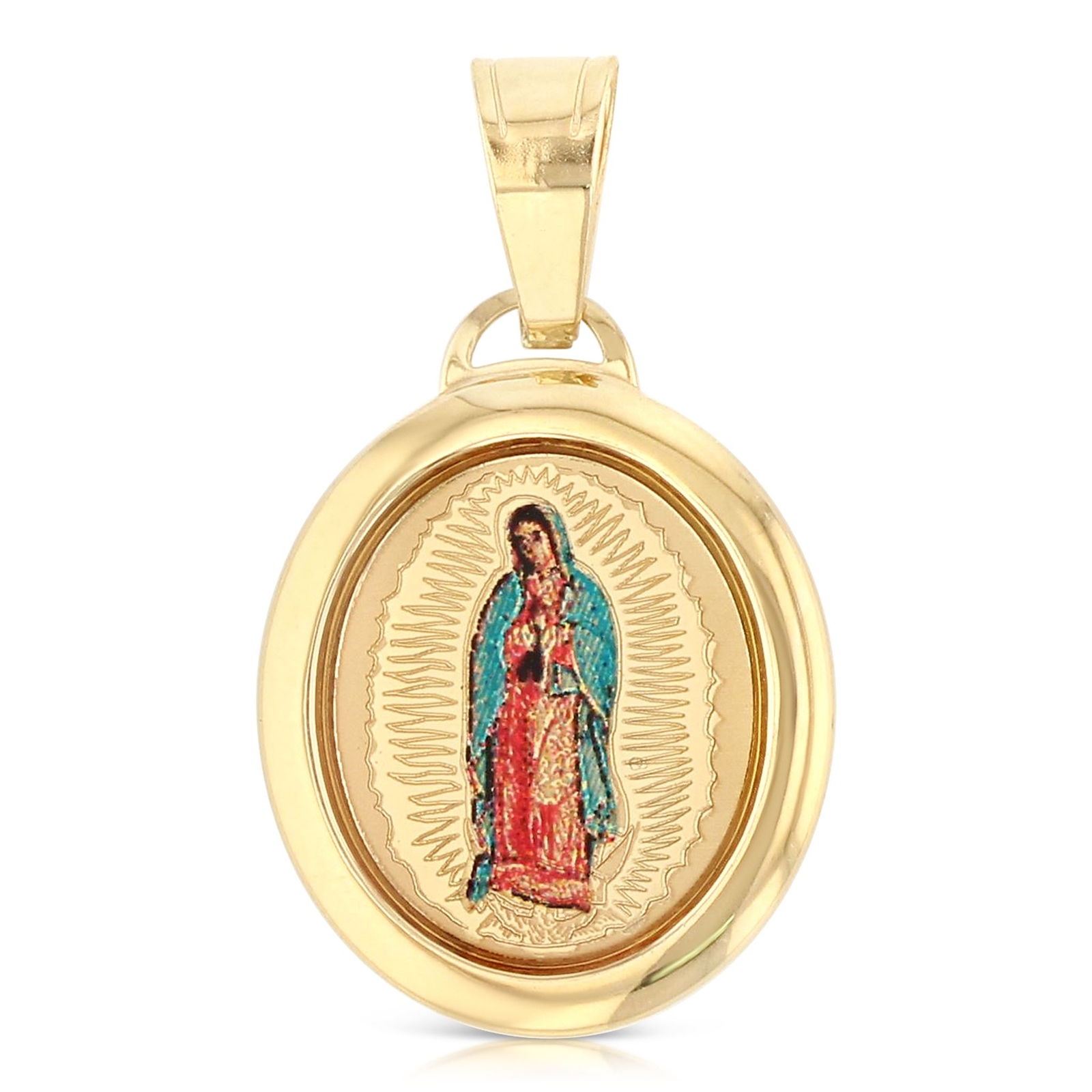 14K Yellow Gold Our Lady of Guadalupe Enamel Picture Charm Pendant with 0.9mm Si