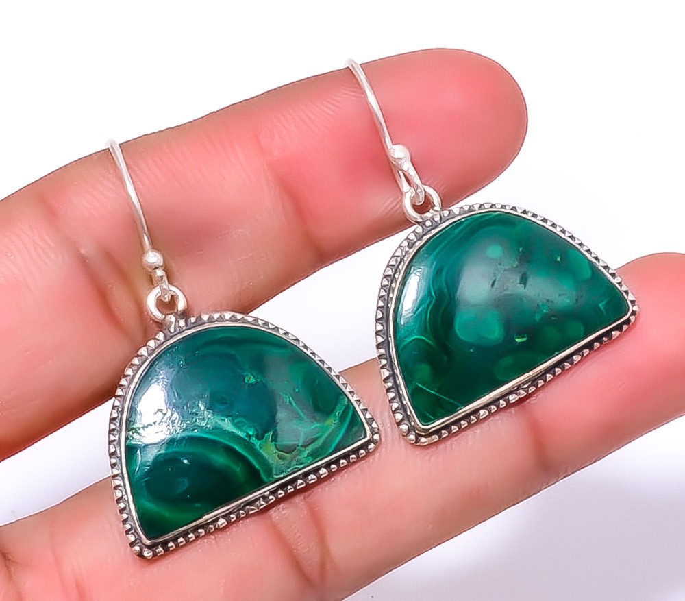 Malachite – Congo Gemstone 925 Sterling Silver Handmade Earring 1.56″ A372