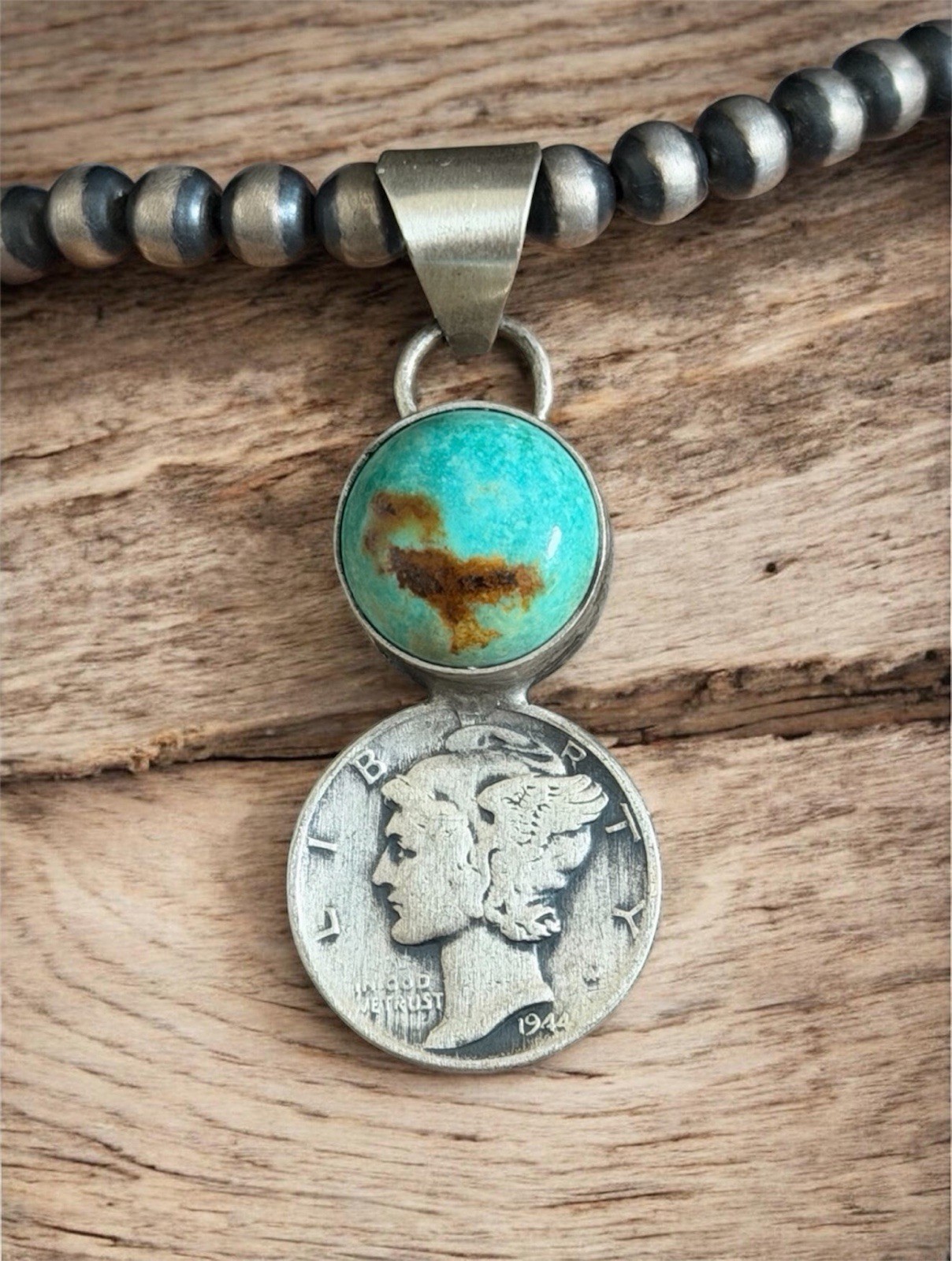Kingman Turquoise 1944 Mercury Dime Native American Sterling Silver Pendant