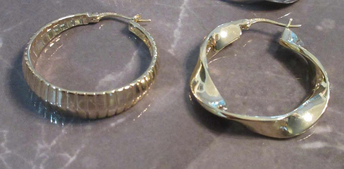 2 pr Bellezza DBJ 925 CN 1-1/4” Twist & Ridge Hoop Earrings Sterling & Yellow