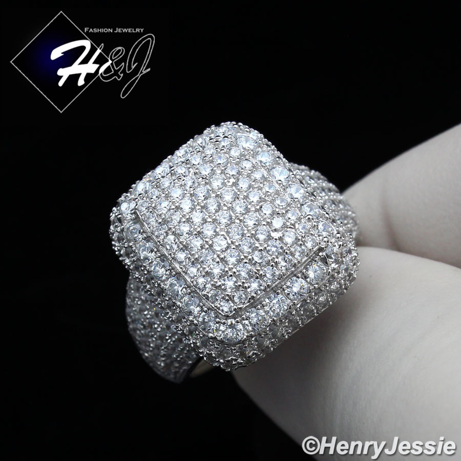 MEN WOMEN SOLID 925 STERLING SILVER ICY BLING CUBIC ZIRCONIA RECTANGE RING*SR110