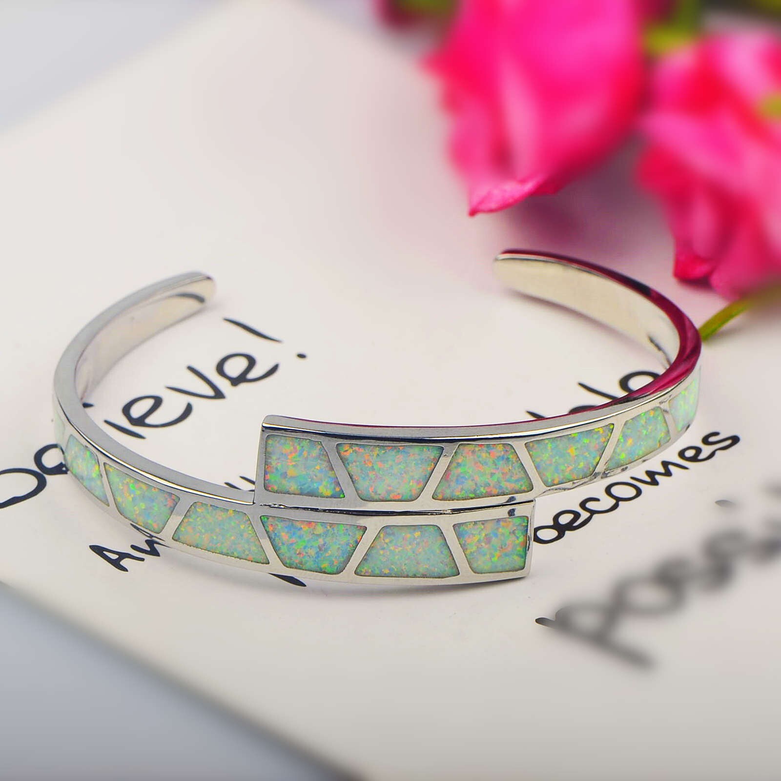 White Opal Double Striped Pattern Bangles 925 Sterling Sliver Jewelry For Women