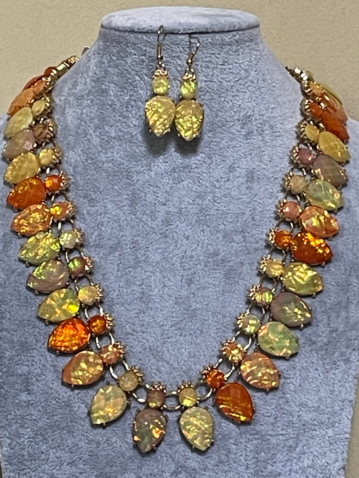 Multi Orange yellow foiled lucite Stud statement Gold Necklace Earring Set