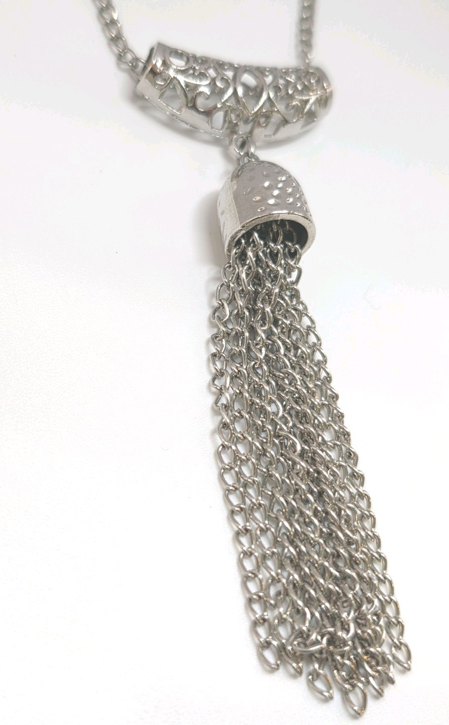 27-inch Silver Tone Estate Chain With Open Work Bar And Chain Tassel
