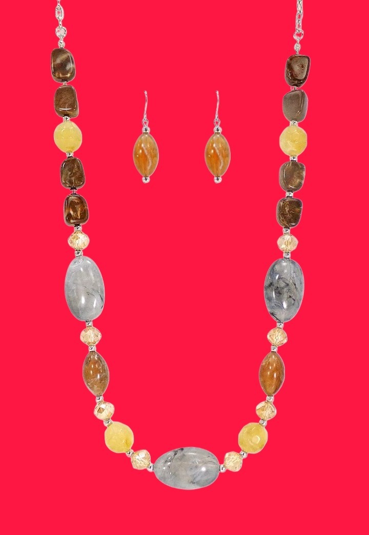 Multicolor Neutral Bead Necklace Earring Set Brown Beige Gray Statement jewelry
