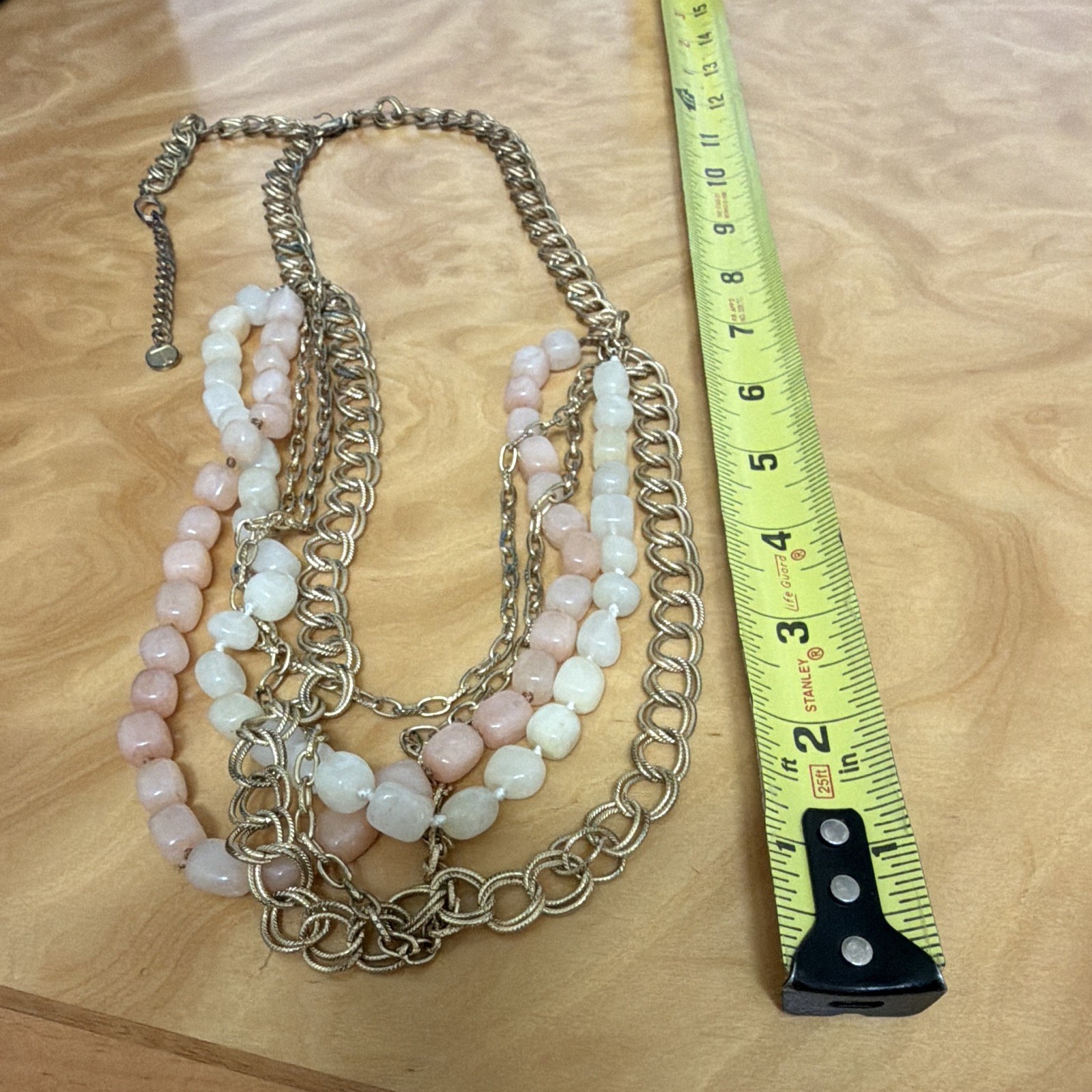Talbots Layered Gold Tone Chain Necklace w/ Pink & Beige Stone Beads