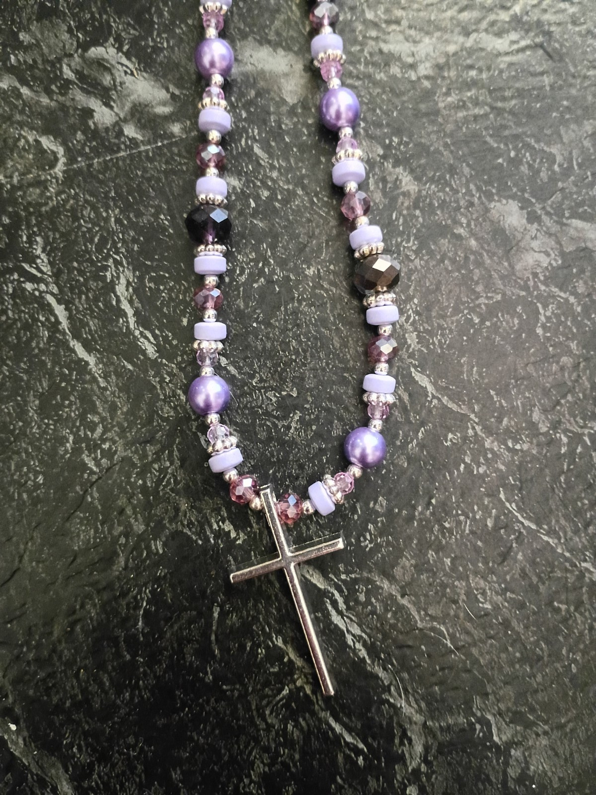 Handmade, Purple Glass Beaded Ball Chain Necklace w/ Silver Cross Charm Pendant