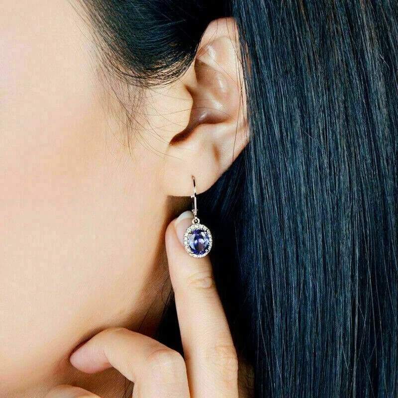 4Ct Oval Cut Simulated Tanzanite Women’s Drop Earrings 14K White Gold Plated
