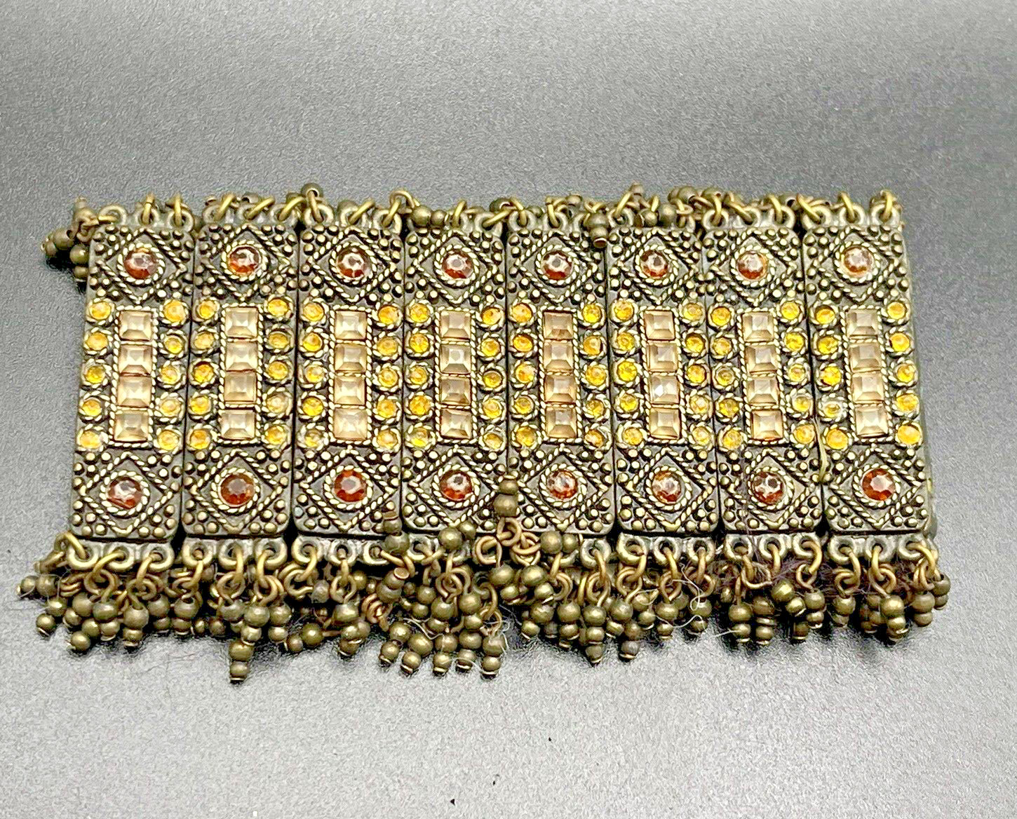 Brass Tone Metal & Crystal Byzantine Link Panel Stretch Bracelet Boho