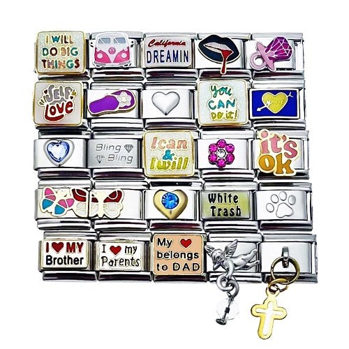 9mm Italian Charms Assorted Words Sayings Family Glitter Hearts Dangles Col #23