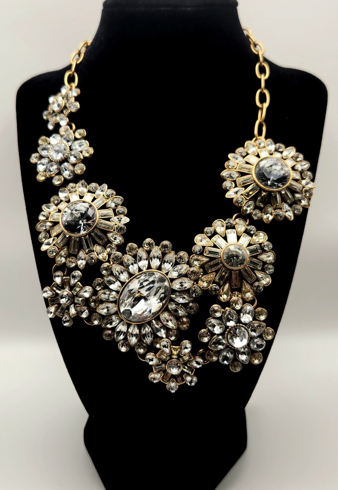 J Crew Crystal Statement Necklace Gold Tone Floral Bib Rhinestone Vintage Style