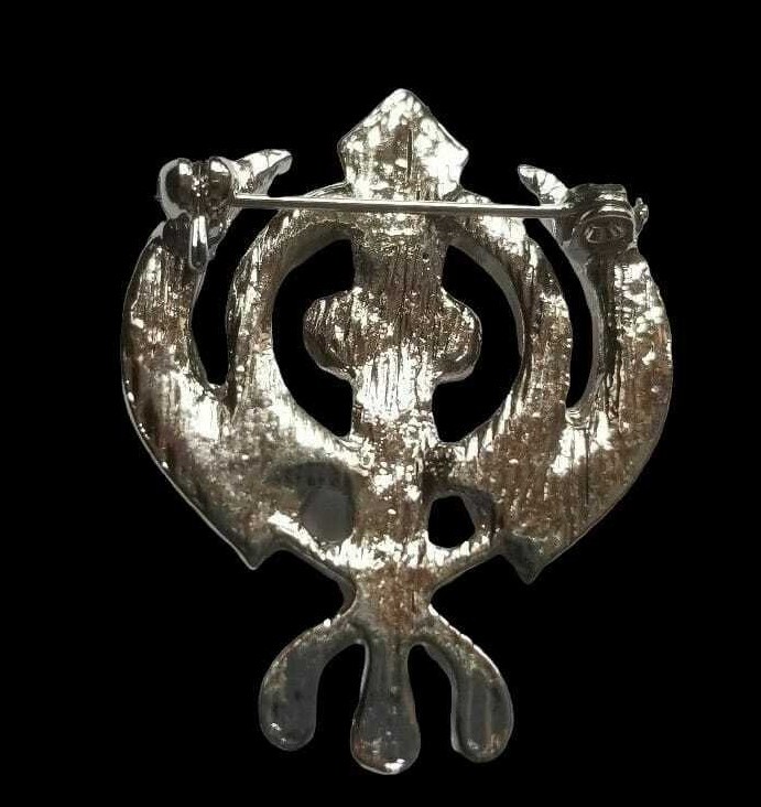Stunning Diamonte Silver Plated SIKH KhandaPoppy Singh Kauar Khalsa Brooch Pin