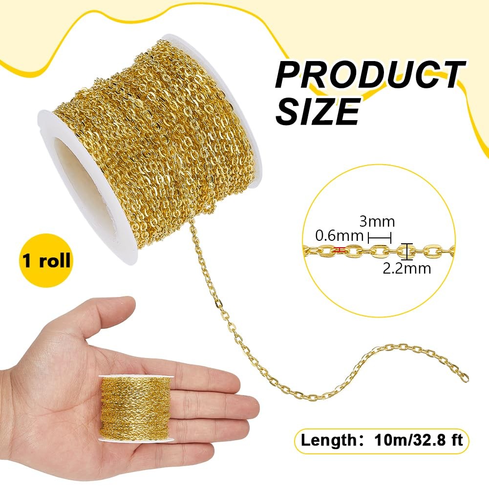 33 ft Necklace Chains 2.2mm Golden Iron Cross Chains Link Flat O-Shaped Cable