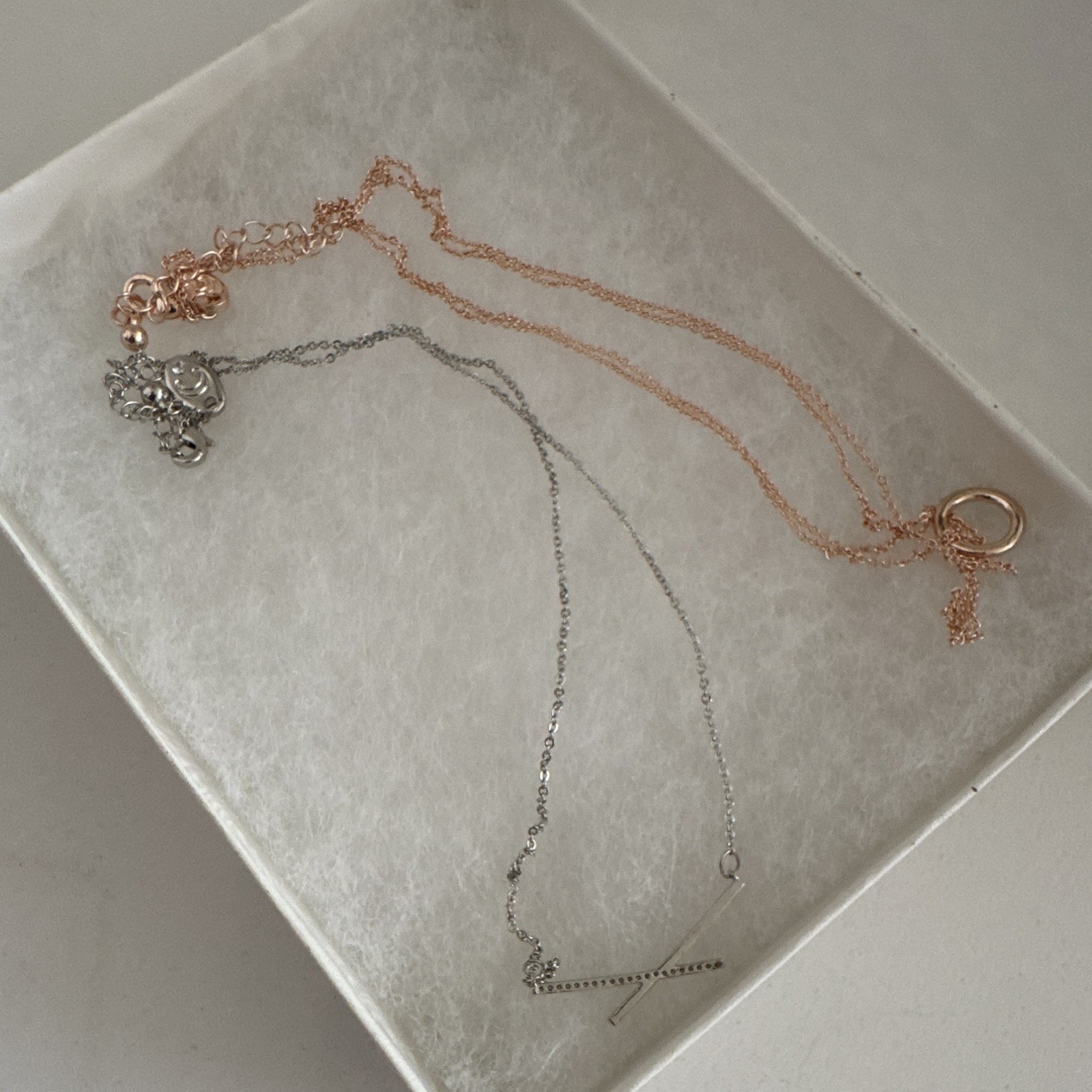 2pc Cable Chain Necklaces Circle & Bar Pendants Crystal Rose Gold/Silver 9” long
