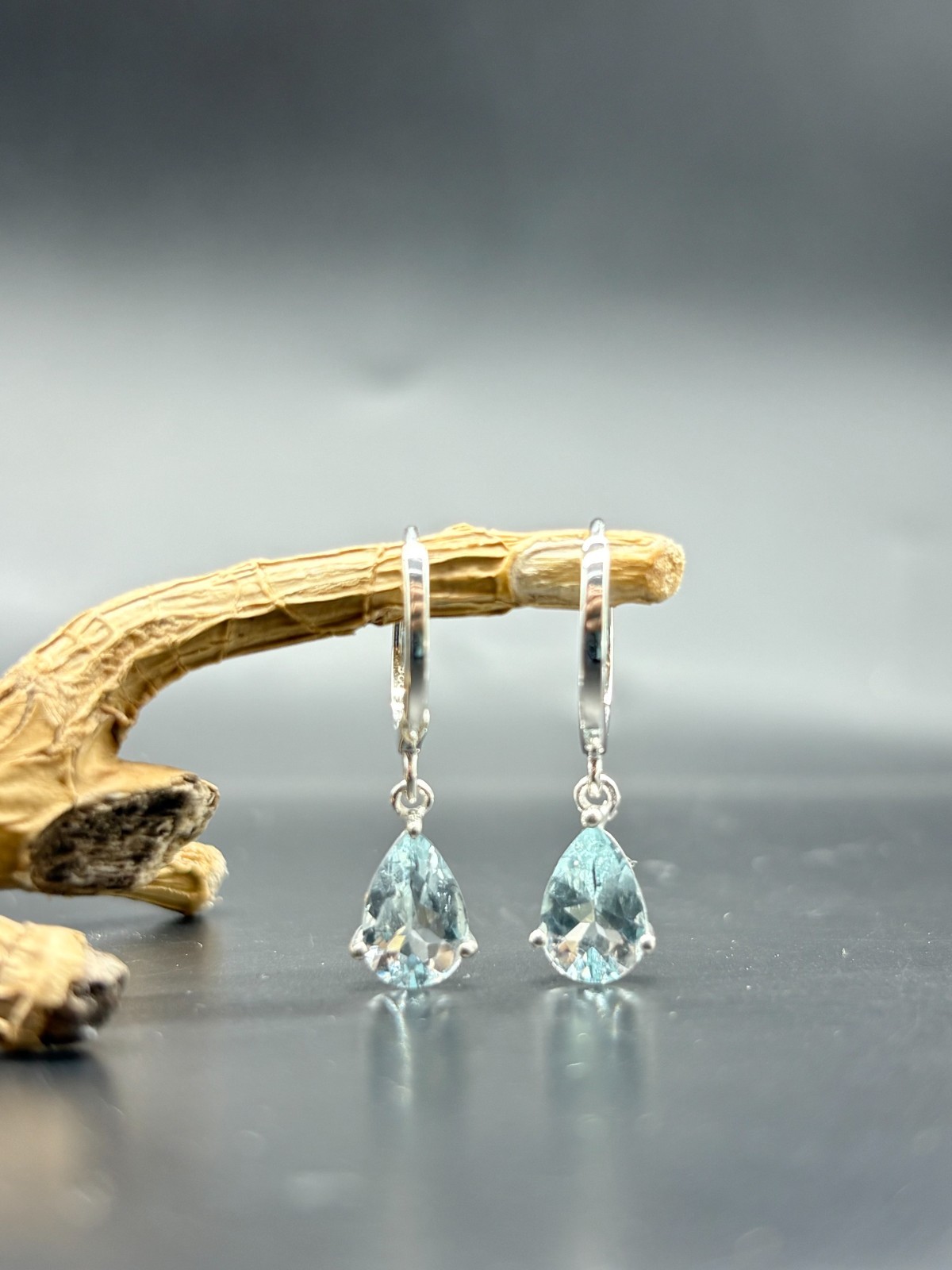 Natural Aquamarine Dangle Earrings in Sterling Silver | Pear Cut 9x6mm | 2.10 Ct