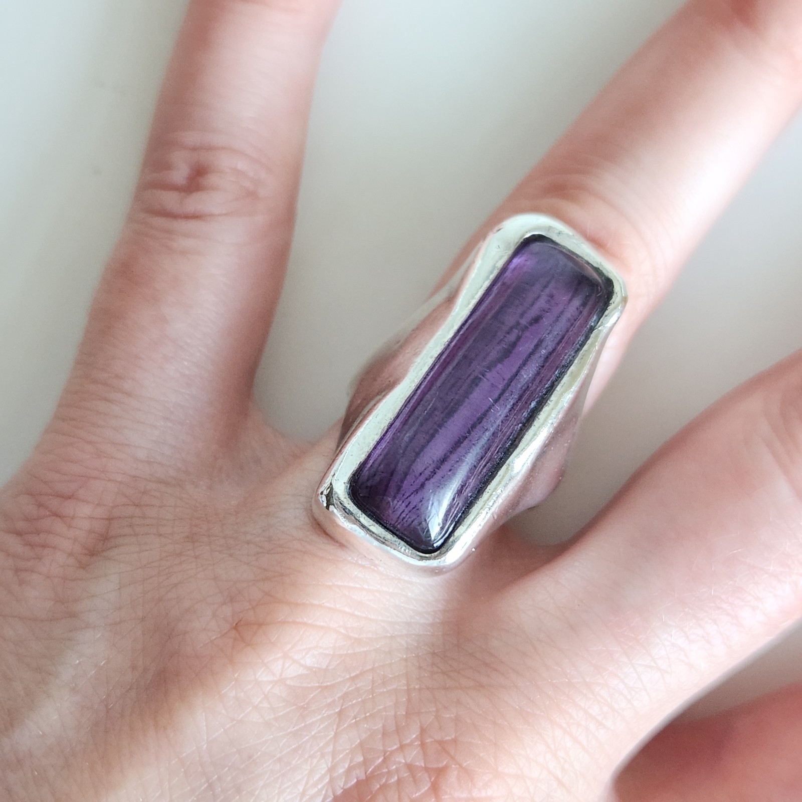 Bold Sterling Silver Statement Ring w/ Purple Cabochon Size 6.5 12.7g Marked GA