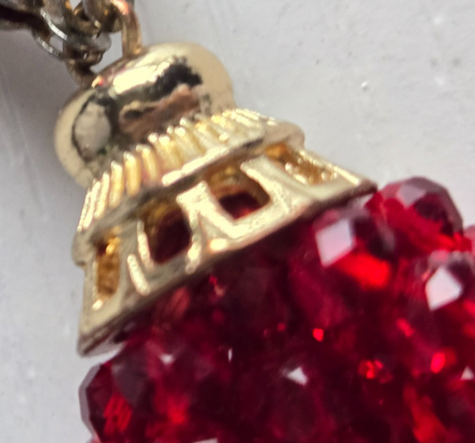 Charming Charlie Long Gold Tone Red Faceted Glass Bead Tassel Necklace 36 in