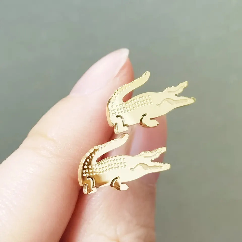 Lacoste Alligator Gold – Plated Metal Stud Earrings, Pair, For Men or Women Croc