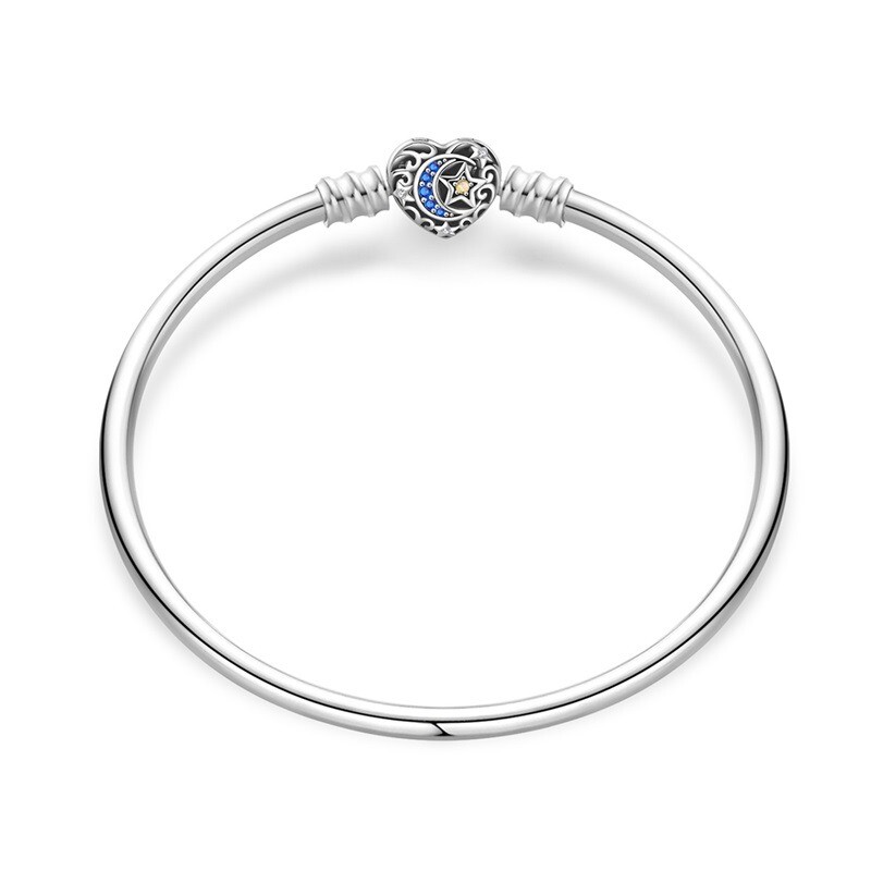 KUNSIR 925 Sterling Silver Heart Clasp Star & Moon Bracelet Women Bangle Jewelry