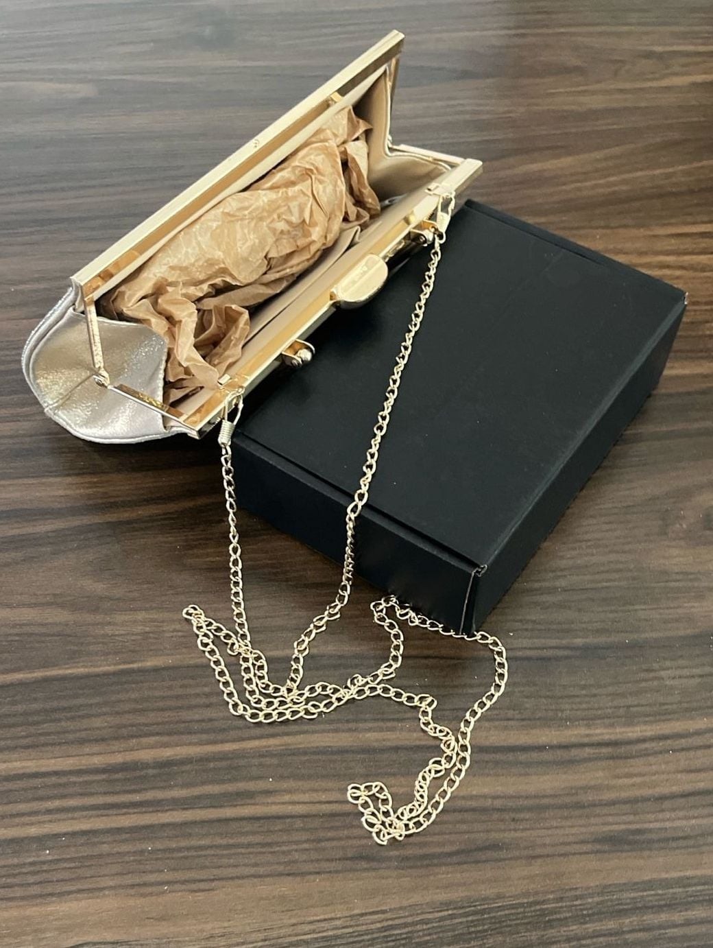 Gold Tone Rhinestone Encrusted Minaudière Clutch with Detachable Chain