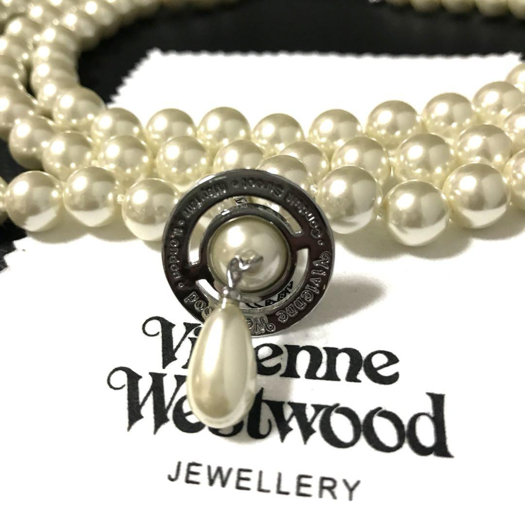 Vivienne Westwood necklace triple Fake pearl drop silver White In Box/Drawstring