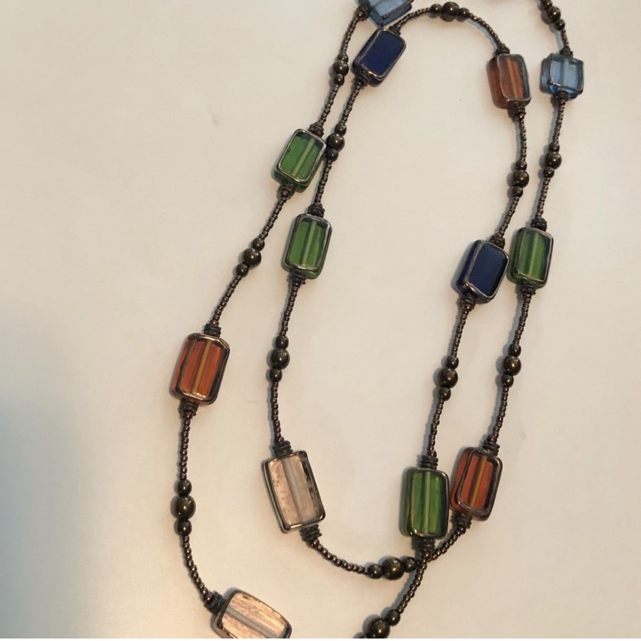 Multicolor Glass Rectangular Bead Layered Ball/Bead Chain Necklace w/ Toggle