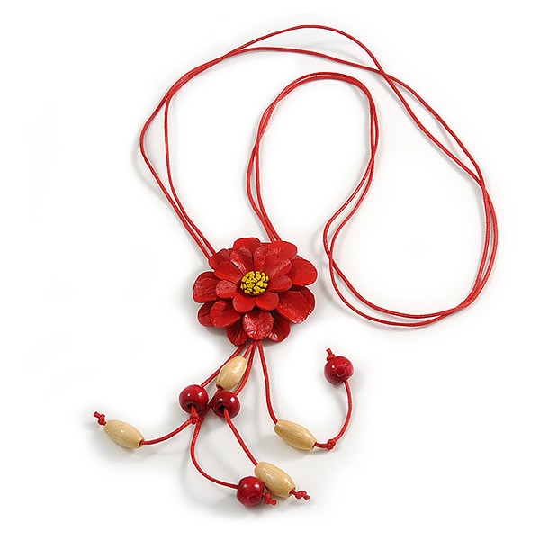 Red Leather Daisy Pendant with Long Cotton Cord – 80cm L/ 18cm L Pendant –