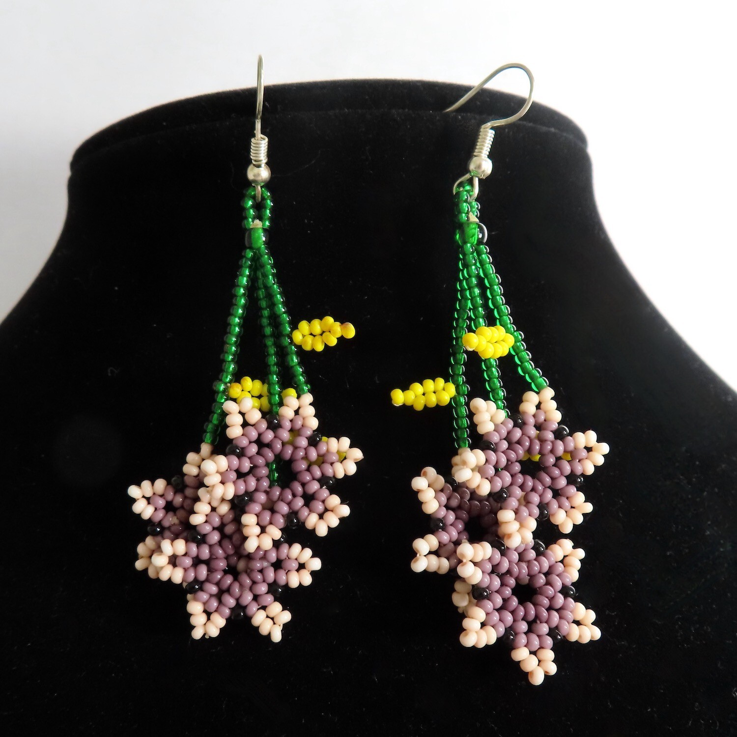 Beaded Dangle Earrings Pink Purple Flowers Huichol Handmade Mexican Folk Art