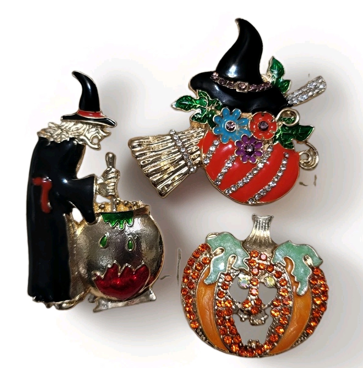 Set Of 3 Halloween Brooches Pins Witch Cauldron Pumpkin Gold-tone