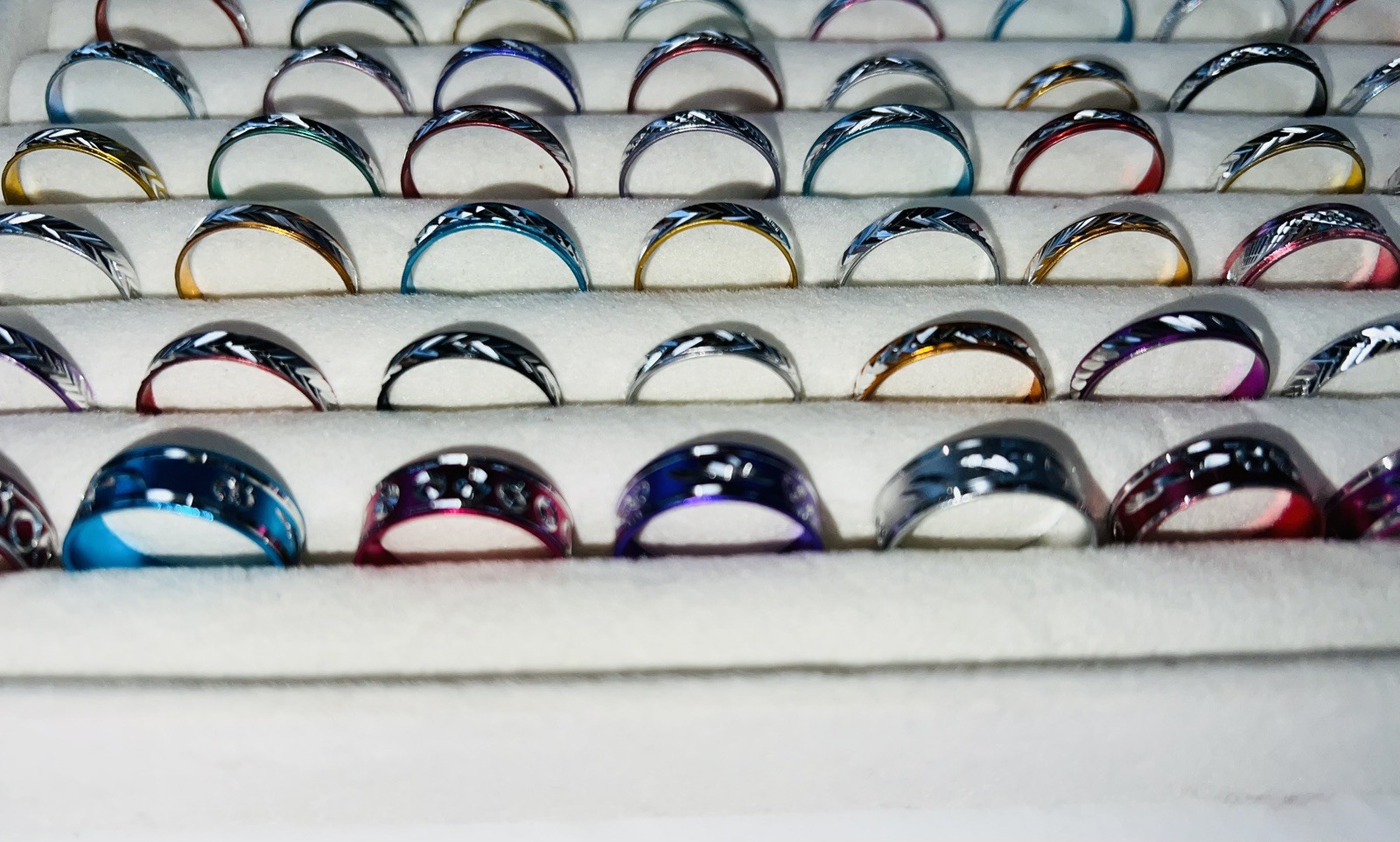 Bundle of 50 ALUMINIUM Silver Carved Different Coloured RINGS Mixed Sizes
