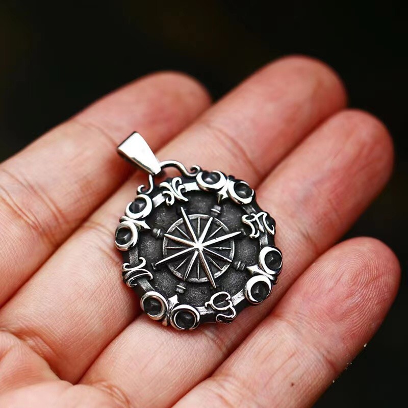 Silver North Star Compass Pendant Necklace Chain Men’s Protection Jewelry Gift
